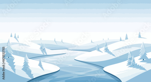 Serene Winter Landscape With Snow Covered Hills And A Winding River