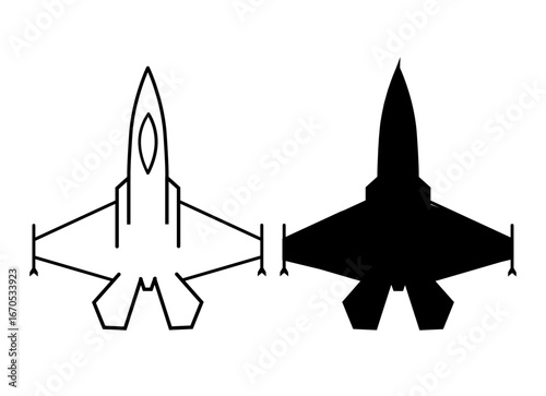 Military fighter jet silhouette icons in two bold styles: a clean black outline and a solid black filled design. The vector graphic showcases a top-view jet fighter plane illustration