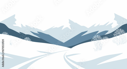 Serene Winter Mountain Landscape With Snowy Path And Bare Trees Scene