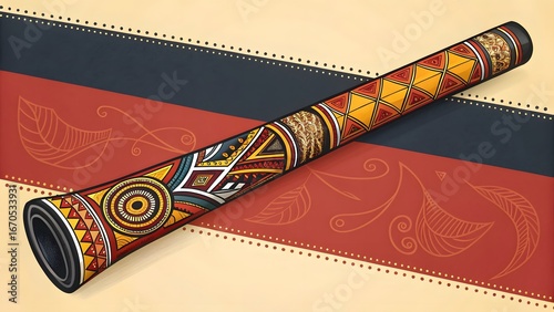 Intricately designed Aboriginal didgeridoo with vibrant patterns on a colorful background, perfect for cultural projects