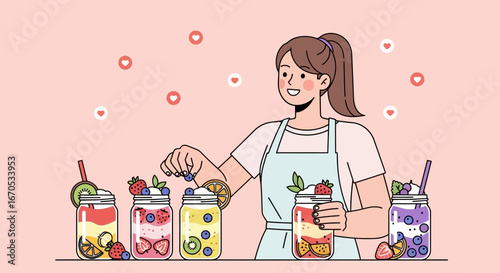 Smiling Woman Preparing Colorful Fruit Infused Water Jars For Healthy Lifestyle
