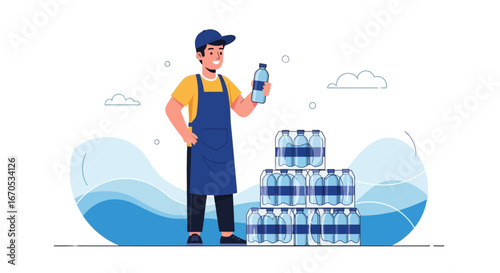 Smiling Worker Holding Water Bottle With Stacked Packs Of Bottled Water