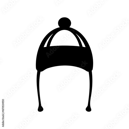 Black silhouette illustration of winter hat with pompom and ear flaps
