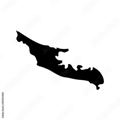 Black and white abstract rendition of a strange shaped landmass on white