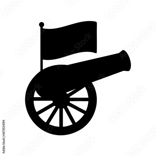 Black silhouette of cannon with a flag on a white background