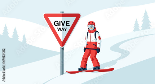 Snowboarder Following Regulations And Safety First On The Snowy Mountain Slopes