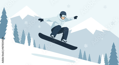 Snowboarder In Action Jumping On A Snowy Mountain With Pine Trees Landscape
