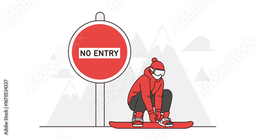 Snowboarder Ignoring No Entry Sign Preparing For Mountain Descent