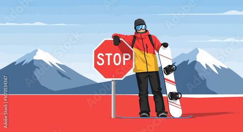 Snowboarder Stands Next To Stop Sign Mountain Backdrop Colorful Winter Scene