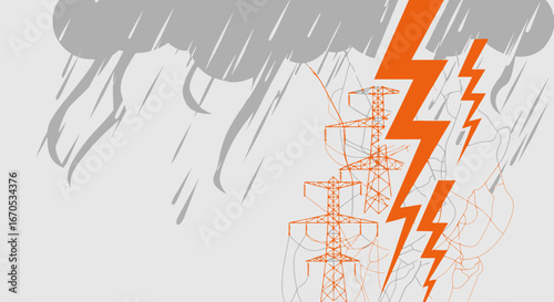Severe Weather Disrupting Electrical Power Grid With Orange Lightning Bolts