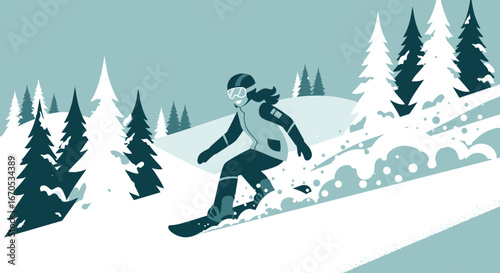 Snowboarding Adventure Through Winter Landscape with Snowy Pines Graphics