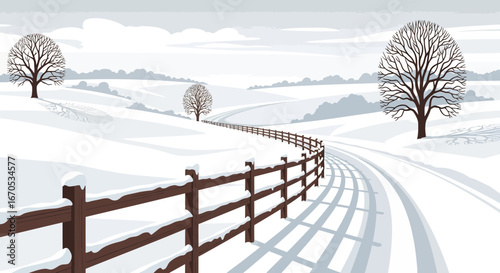 Snowy Landscape With Wooden Fence And Trees Winter Scenery Illustration