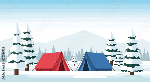Snowy Mountain Scenery With Colorful Tents And Pine Trees Landscape