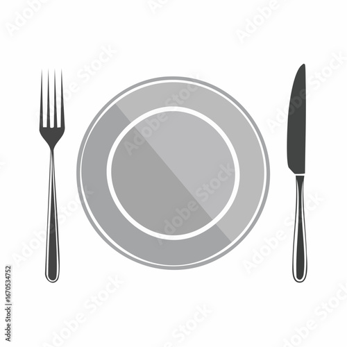 Minimalist Table Setting: A classic dining arrangement featuring a pristine plate, fork, and knife, symbolizing the art of culinary elegance and anticipation of a delightful meal.