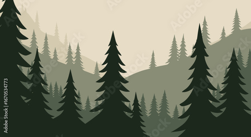 Silhouette Coniferous Forest Scene with Mountain Hills in Grayscale Colors