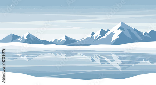 Snowy Mountains Reflected In The Calm Waters A Serene Winter Landscape