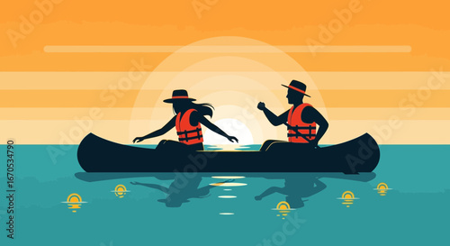 Silhouette Couple Paddling Canoe At Sunset Calm Water Scenic Serenity