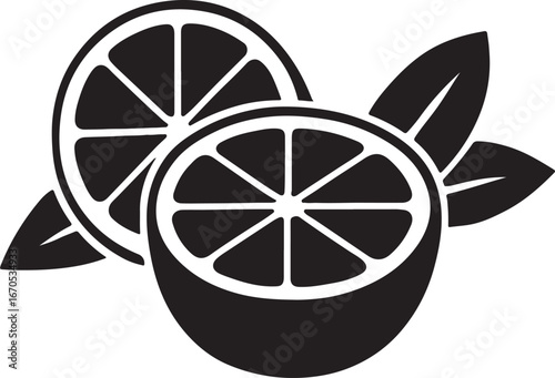Stylized black and white citrus slices with leaves