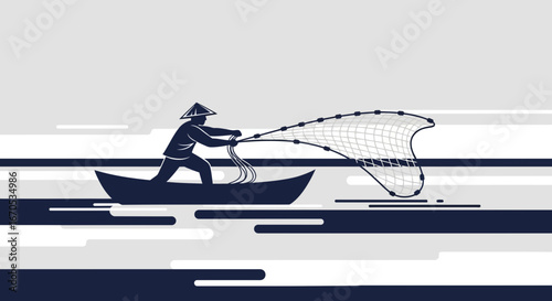 Silhouette Fisherman Casting Net From Small Boat On Stylized Water Surface