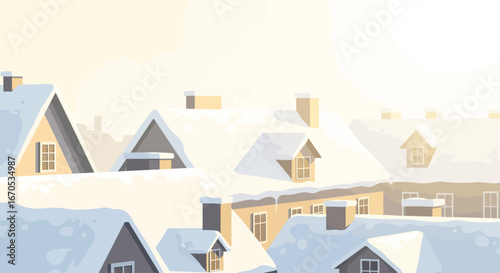 Snowy Rooftops Of A Quaint Town In Gentle Winter Light Illustration