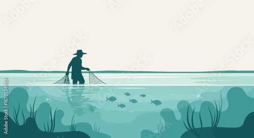Silhouette Fisherman Casting Net In Calm Waters With Fishes Illustration