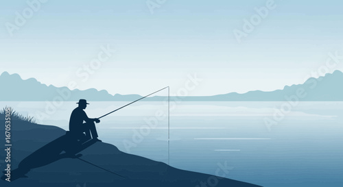 Silhouette Fisherman Enjoying Peaceful Morning At Lake Mountains Scene