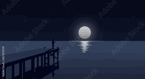 Silhouette Fisherman Enjoying Serene Night Landscape With Moon Reflection