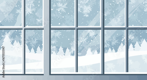 Snowy Winter Scene Through The Window On A Cold Day At Christmas Time