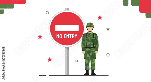 Soldier Beside No Entry Sign Depicts Security And Access Restriction Concept