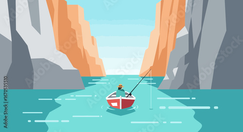 Solitary Angler Floating on Turquoise River Between Towering Canyon Walls