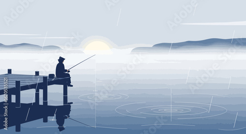 Solitary Angler In Gentle Rain Fishing From Pier Under Cloudy Sky