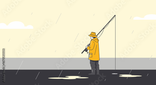 Solitary Angler in Yellow Coat Stands Under Rain With Fishing Rod