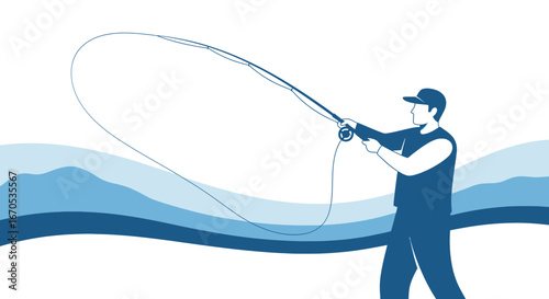Silhouette Man Casting Fishing Rod Against Stylized Water Minimalist Design