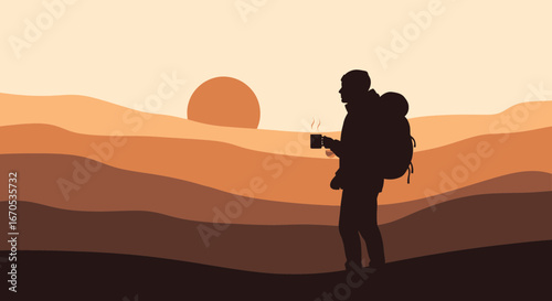 Silhouette of a backpacker enjoying coffee during sunrise in a layered landscape creating a serene and peaceful morning scene