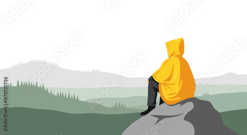 Solitary Figure Contemplates The Tranquil Vista From A Rocky Prominence