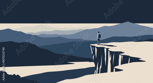 Solitary Figure Contemplating Vast Mountain Ranges From a Cliff Edge View