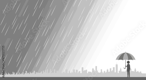 Solitary Figure Against Cityscape Standing Under Umbrella In The Heavy Rain