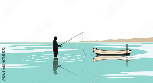 Solitary Fisherman Angling In Still Waters Under Minimalist Lightness Scene