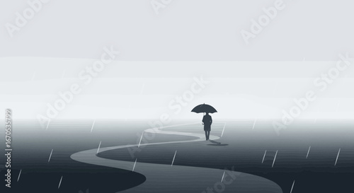 Solitary Figure Under Umbrella In Rainy Scene Vector Illustration
