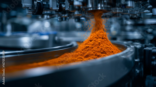 Fototapeta Naklejka Na Ścianę i Meble -  Industrial production line with vibrant orange spice flowing from funnel into metal container, robotic arms guiding filling process, showcasing modern automation in culinary ingred