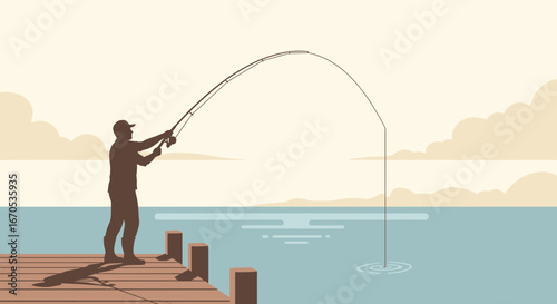 Silhouette of a fisherman casting his line from a wooden pier illustration