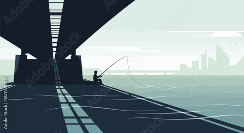 Silhouette of a fisherman under a bridge enjoying a relaxing day in the city
