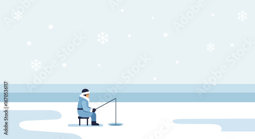 Solitary Fisherman Enjoying Winter Days Ice Fishing Under Snowy Sky