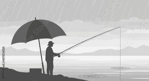 Silhouette of a fisherman under an umbrella fishing on a rainy day grayscale vector illustration perfect for outdoor and leisure activities