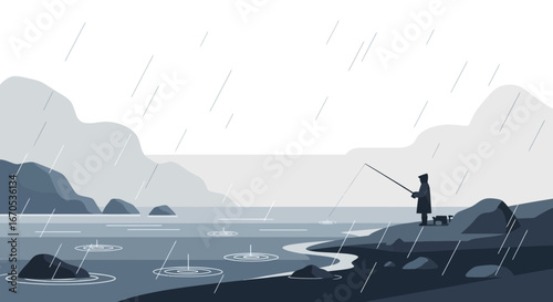 Solitary Fisherman Enjoying Serenity in the Rain on a Rocky Shoreline