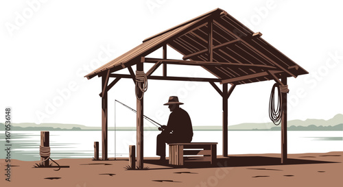 Solitary Fisherman Enjoys Peaceful Seclusion Under Rustic Lakeside Structure
