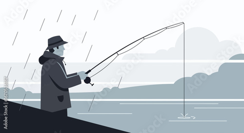 Solitary Fisherman Pursuing Leisure Activity At Lakeside On A Rainy Day In Minimalist Style