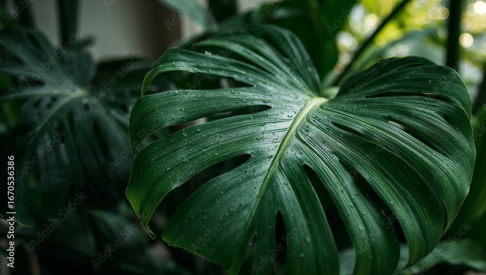 Fototapeta premium Lush, deep green monstera leaf, dotted with water droplets, dominates the image.