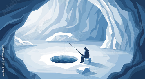 Solitary Fisherman Underneath Ice Cave Exploring Frozen Wilderness Activity
