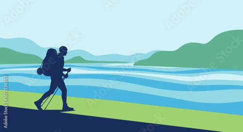 Silhouette of a hiker enjoying a scenic view with mountains and a body of water